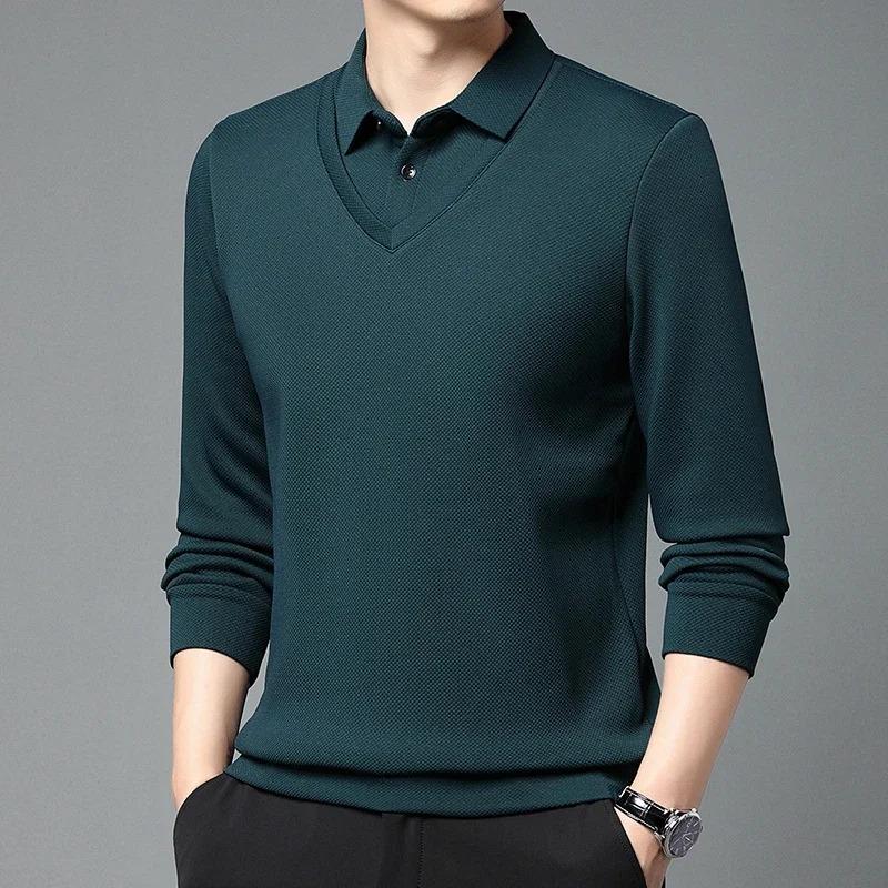 Men'S Long Arm Polo Shirt Korean-Style Fake Two-Piece Business Men'S Casual Fashion Long-Sleeved Solid Color Lapel Shirts Comfortable All-Match Top For All Seasons Menswear Lingerie 4