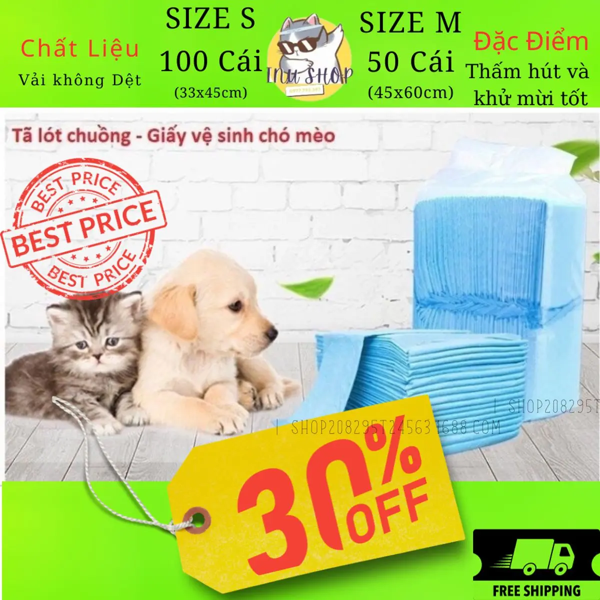 Tã lót vệ sinh chó mèo, miếng lót chuồng cho chó mèo. Thấm hút và khử mùi hôi cực tốt. Size S, M