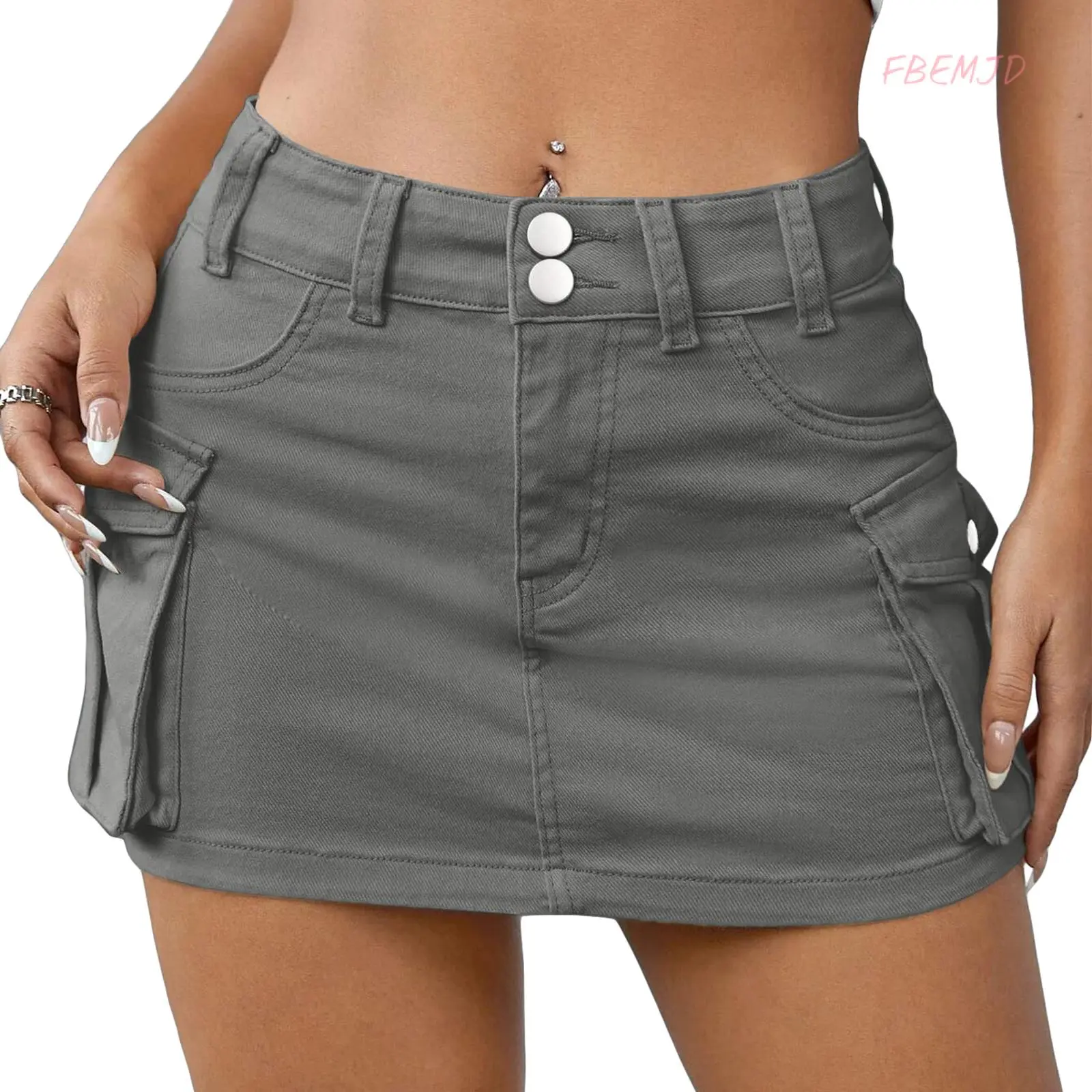 Women Mini Skirt Vintage Low Waist Cargo Skirt SummerFit Solid Color Skirt with Pockets for Club Cotton Womenswear