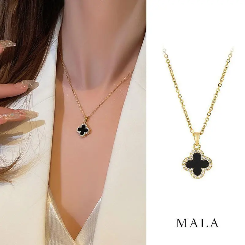 Vòng Cổ Cỏ Ba Lá Đen, Sang Trọng, Dành Cho Nữ Women Chain Trang Sức Jewelry 0