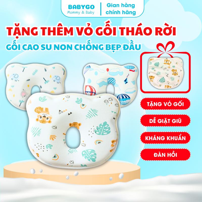 Gối định hình đầu cho bé họa tiết, gối cao su non chống bẹp đầu, gối chống méo đầu, gối định hình đầu cho trẻ sơ sinh gối chống bẹt đầu Babygo tặng kèm thêm 1 vỏ gối Kem gối  chống gối  chobé