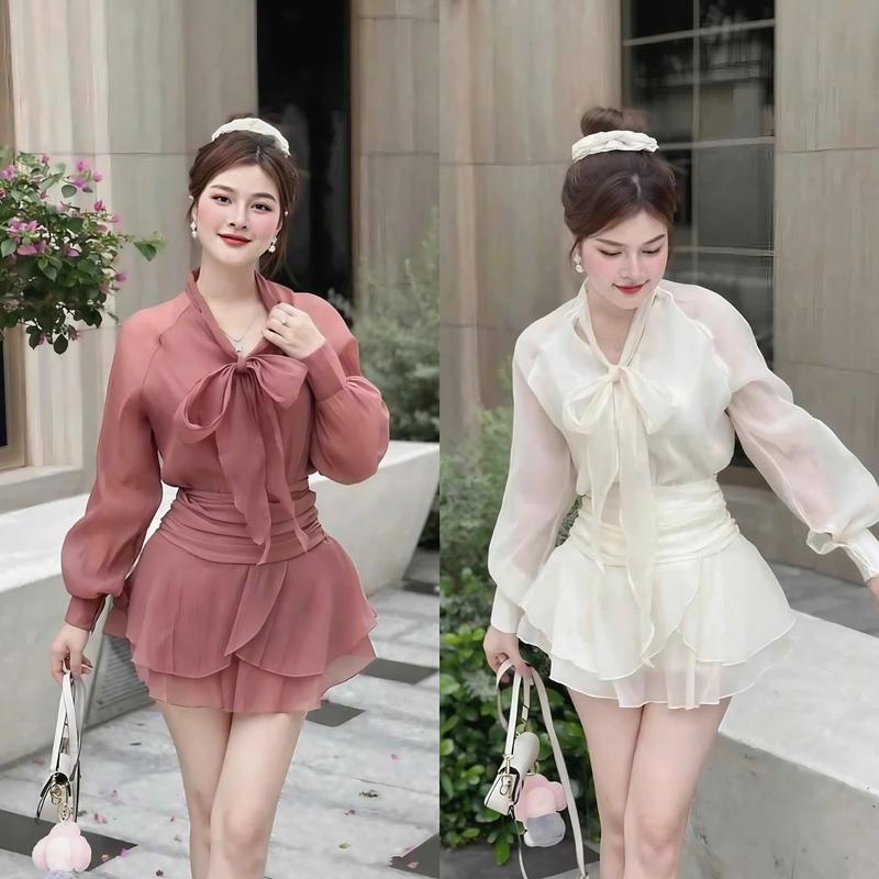 Set đồ nữ voan tơ hai lớp áo thiết kế tay dài bồng phối day thoắt nơ kèm chân váy xếp tầng nhún eo [Có Lót] xinh xắn dành cho các nàng diện đi chơi, đi tiệc Women Top