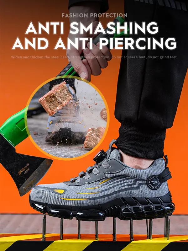 Men's Lace Up Low Top Anti Piercing & Anti Smashing Safety Shoes with Rotating Button, Casual Contrast Mesh Work Shoes, Contrast Mesh Footwear for Outdoor Closed Boy Walking Shoes Comfort Nail Bathroom 0