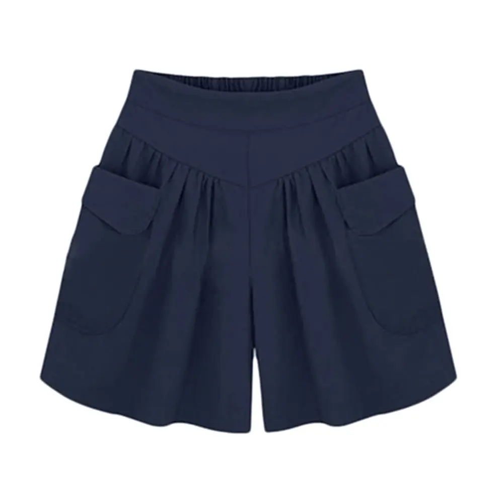 Hyspawk Summer Women Plus Size Solid Color Elastic Waist Casual Loose Shorts with Pocket Fabric Womenswear   Comfortable Bottom
