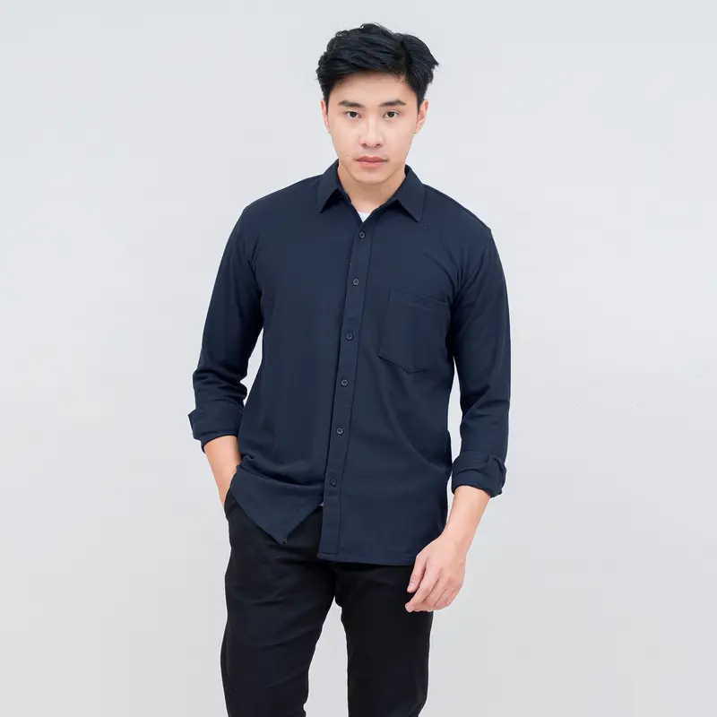 Kemeja Katun Polos Pria DYD Pique Navy Biru Dongker Reguler Fit Casual Kerja Kantor Formal 0