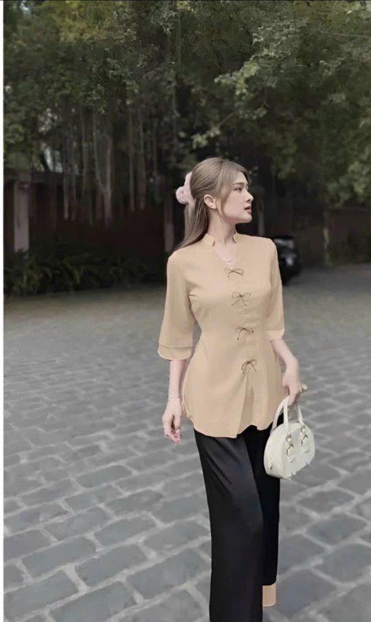 Product Introduction of Sét bộ lam đi chùa vải phối màu, 2 dây buộc eo,4 màu y hình, vải tuyết nhung mềm mịn,  Kem WomenNữ Áo ht15 13