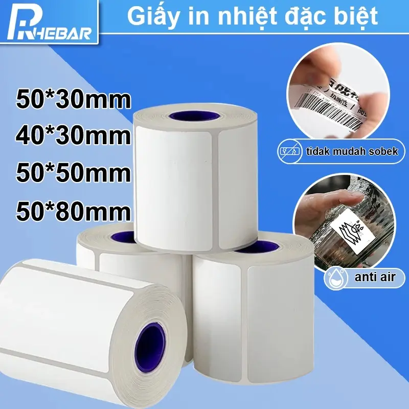 Giấy In Nhiệt Rhebar Tương Thích B21, Chống Nước & Keo Dính, KT:40x30/50x30/50x50/50x80mm