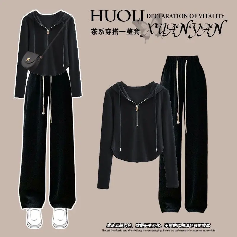 Quần Áo Nữ Ngoại Cỡ Bộ Đồ Mùa Xuân, Phong Cách Hàn Quốc Mới, Áo Len Có Mũ Trùm Đầu, Dáng Ôm, Quần Thường Ngày Dễ Phối Đồ, Bộ Hai Mảnh, Cho Năm 2024