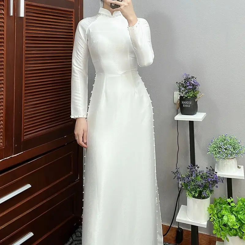 Áo dài lụa vân gỗ 4 màu kiểu dáng truyền thống Nữ Dress 6