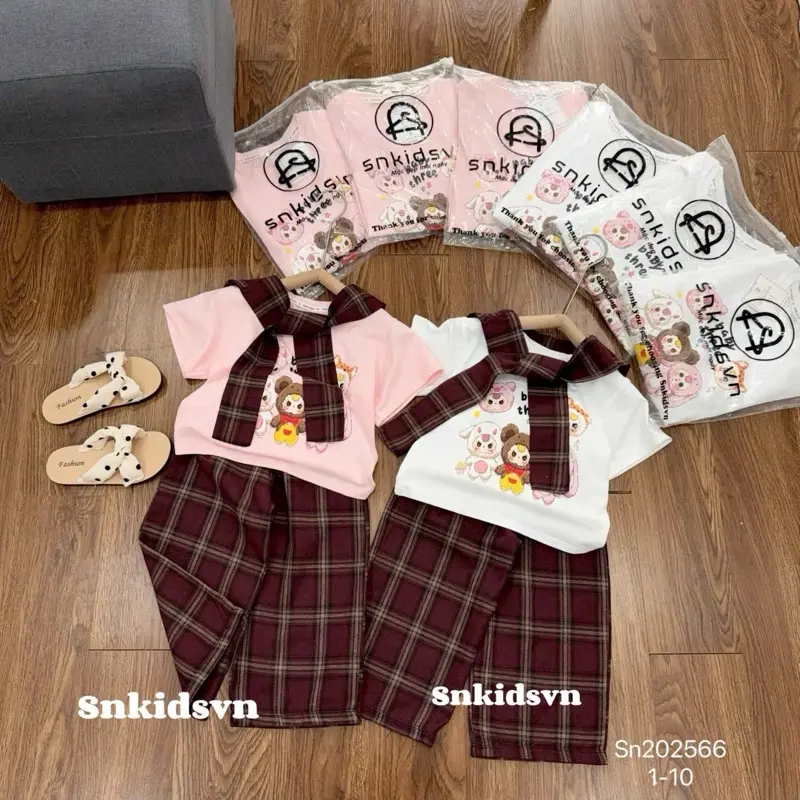 Set Quần suông kẻ áo cotton babythree kèm khăn - set quần kaki boom áo labubu croptop tay dài nhún eo 2 bên 10-30kg cho bé gái Cotton 4