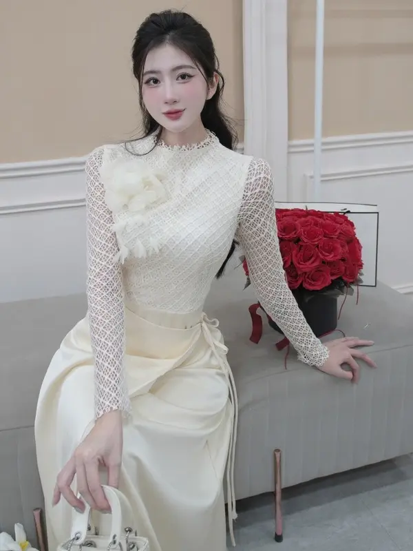 Đầm thiết kế ren chân lụa kem sang chảnh 4