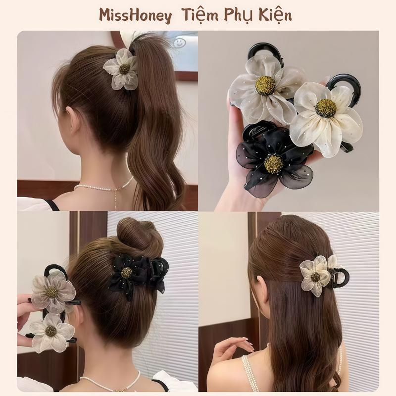 Kẹp Tóc Hoa Trà Thời Trang Đuôi Ngựa, Kẹp Càng Cua Hoa Voan Lưới Lấp Lánh Cho Nữ Và Bé Gái