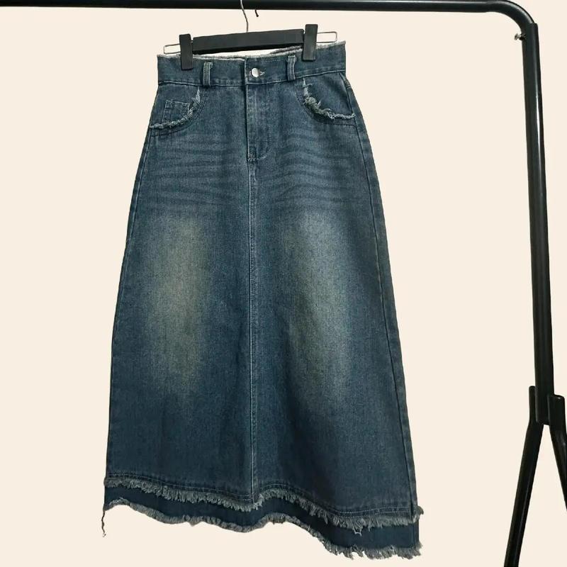 Chân váy bò dáng dài chữ A V9 Yuki Store Hàn Quốc giặt máy sang trọng Nữ Women - Xanh Jean, Size S-M-L-XL - Voi, Voan, Kem