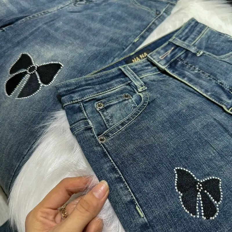 [N550 - Loe] Quần Jean Ống Loe thêu nơ đính đá chất vải QC mềm co giãn màu xanh rêu bụi dài 95cm 4