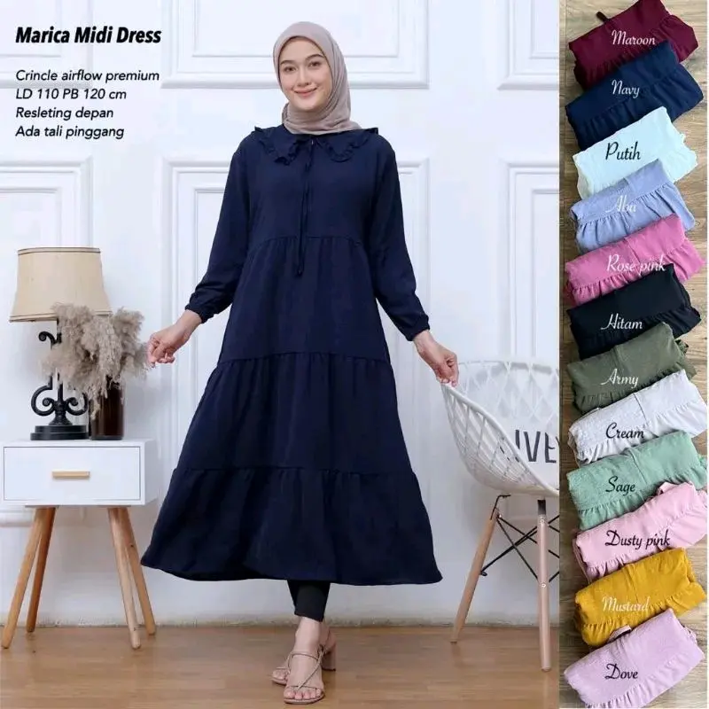 Gamis Midi Dress Rempel Ruffle Susun Crinkle Airflow Premium Muslim Wanita Nyaman Panjang Balon Variasi Remaja Motif Kondangan Gaun Lebaran 3