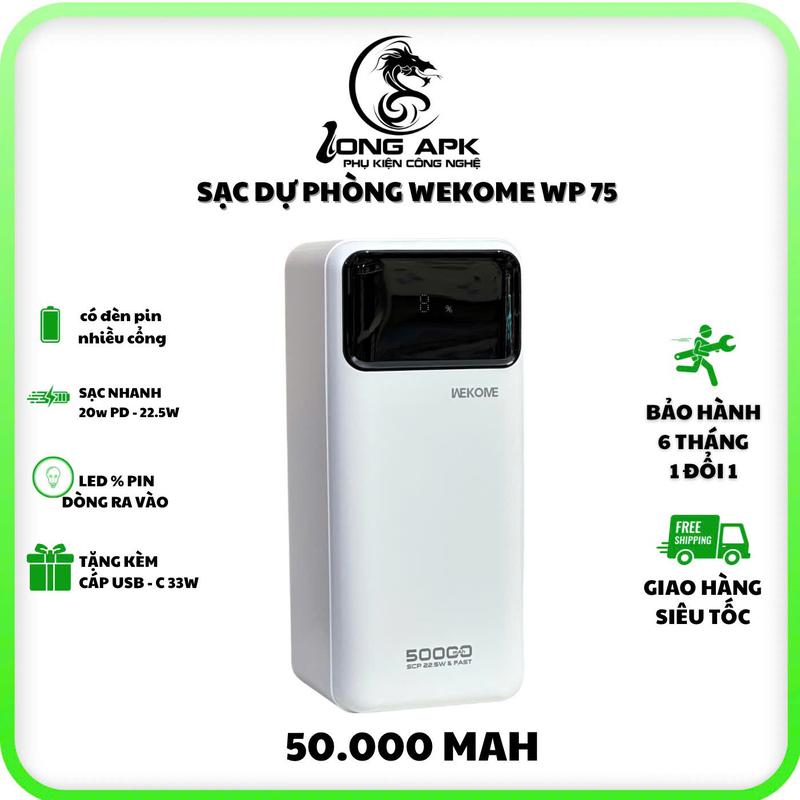 Sạc dự phòng WEKOME WP 75 - 50.000 Mah sạc nhanh 22.5w - 20w PD có đèn led hiển thị và đèn pin phụ kiện sạc điện thoại Pin Dự Phòng đa năng dung lượng lớn