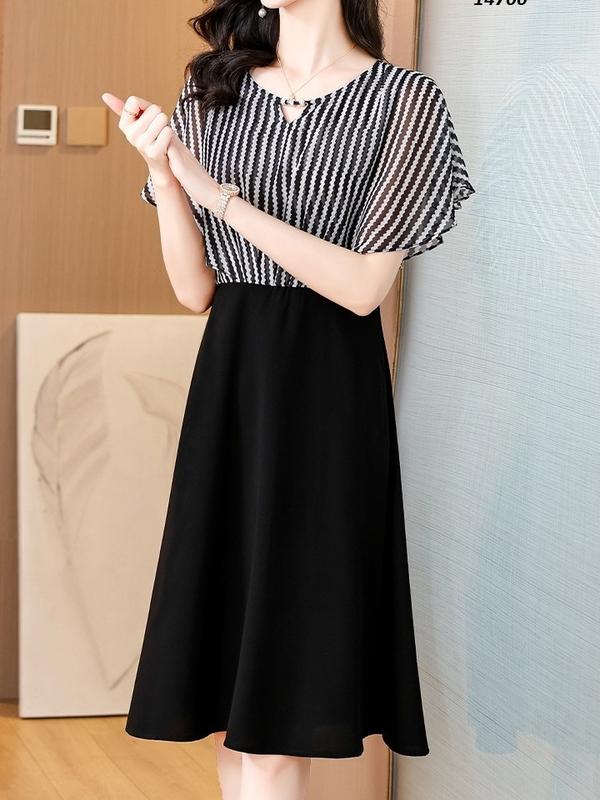 Đầm xòe phối voan kẻ sọc tay tiên cách điệu (voan, chéo nhật)-14700 6