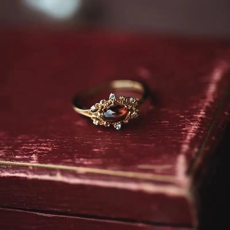 Live Streaming Hot Sale Qibi Garnet Ring Opening Adjustable Vintage Court Style Delicate Mosaic Ornament