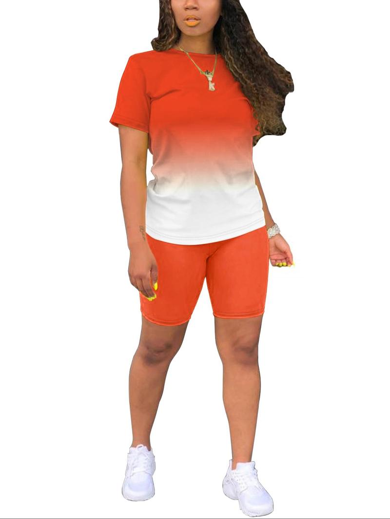Product Introduction of Women's Ombre Print Tee & Shorts Two-piece Set, Casual Round Neck Short Sleeve T-shirt & Skinny Shorts for Daily Wear, Ladies Summer Clothes 5