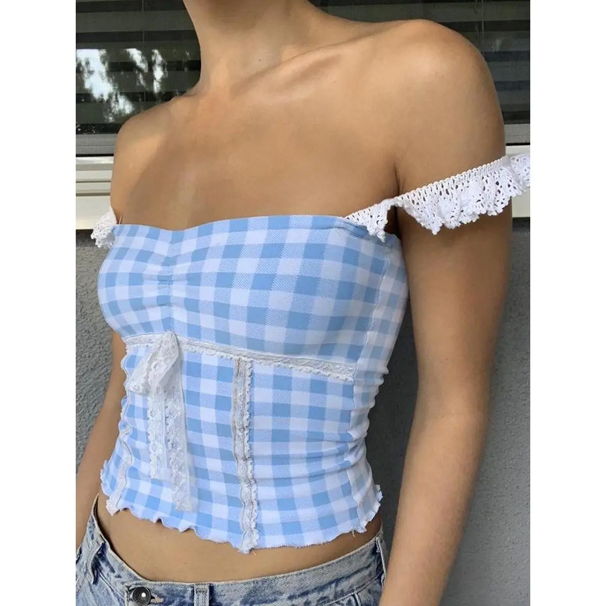 Áo vest sling mỏng dành cho phụ nữ, Xanh Biển không tay, hở lưng, trang trí ren, áo crop top kẻ sọc, mùa hè