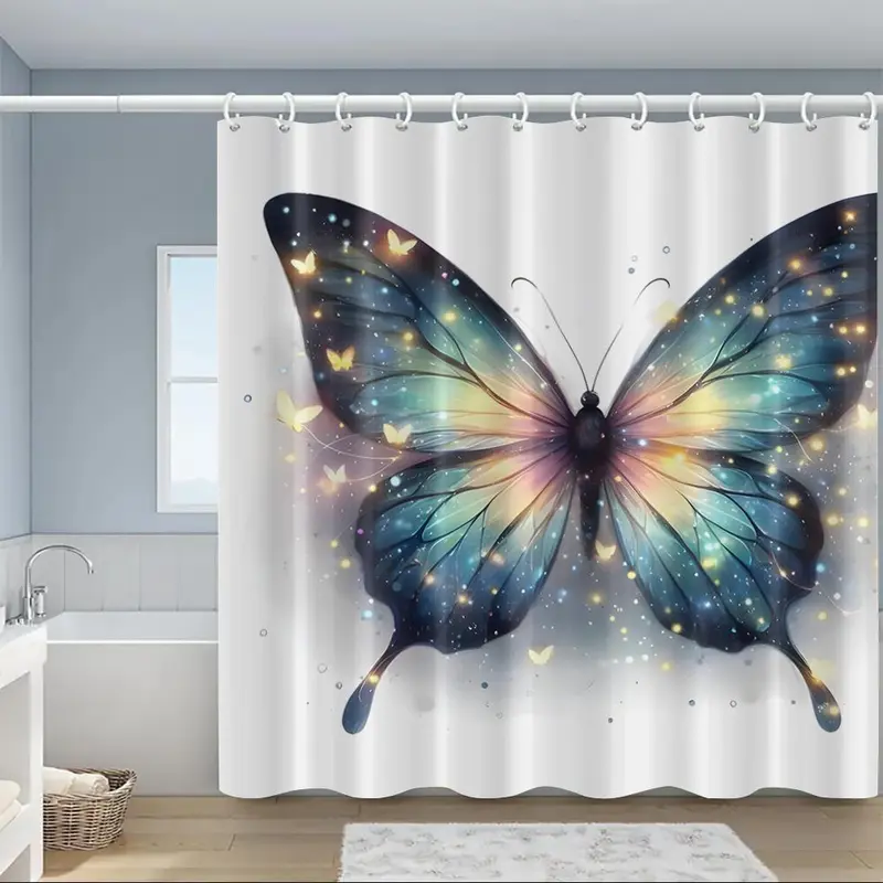 Butterfly Pattern Shower Curtain, 1 Count Colorful Butterfly Pattern Shower Curtain with 4 Counts Hooks, Bathroom Decor Supplies for Home Hotel Salon Dormitory 2