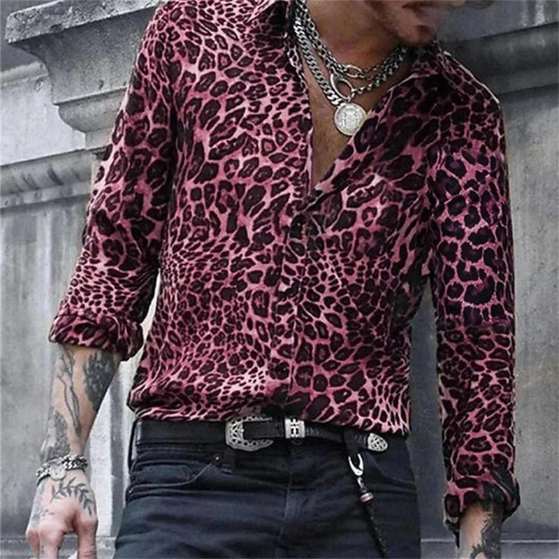 Product Introduction of Hot selling fashion luxury leopard print men's shirt single breasted printed long sleeved men's street Hawaiian top Plus size Collared Casual Collar 2