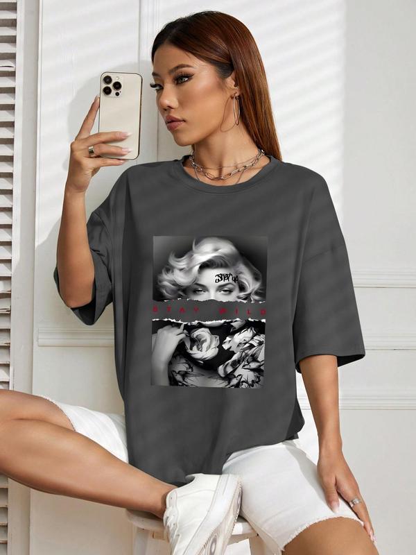 Women's Graphic Print Drop Shoulder Half Sleeve Tee, Fashion Casual Crew Neck T-shirt for Daily Holiday Vacation Outdoor Wear, Ladies Clothes for All Seasons 3