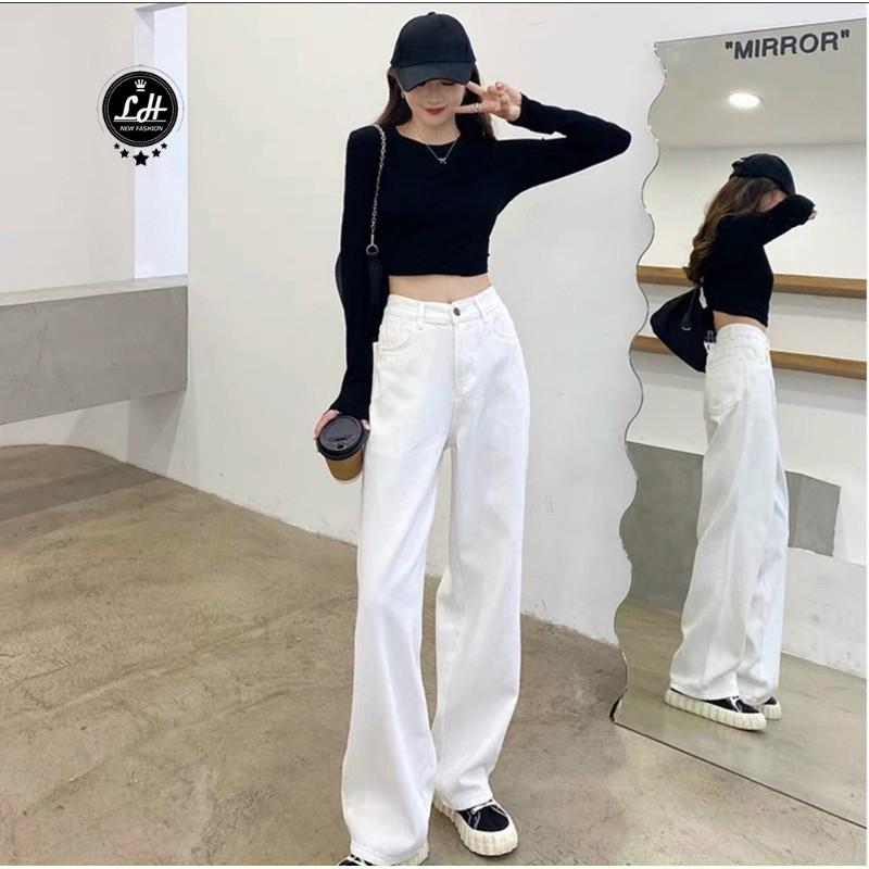   Có big size  Quần jean trắng ống suông nữ ulzzang siêu cao Lê Huy Fashion MS 3334 Pants Ong 