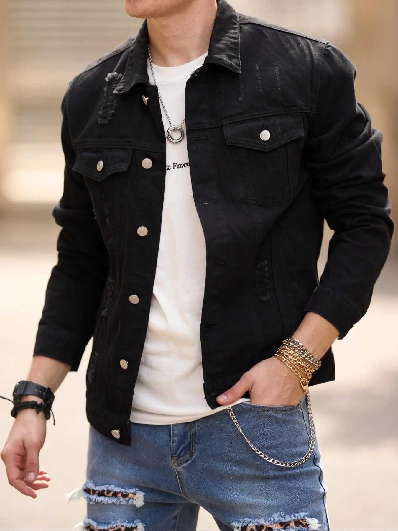 Men's Solid Color Ripped Button Front Denim Jacket, Casual Slim Fashion Comfy Long Sleeve Outerwear for Daily Wear, Men's Clothes for All Seasons, Coat, Cotton