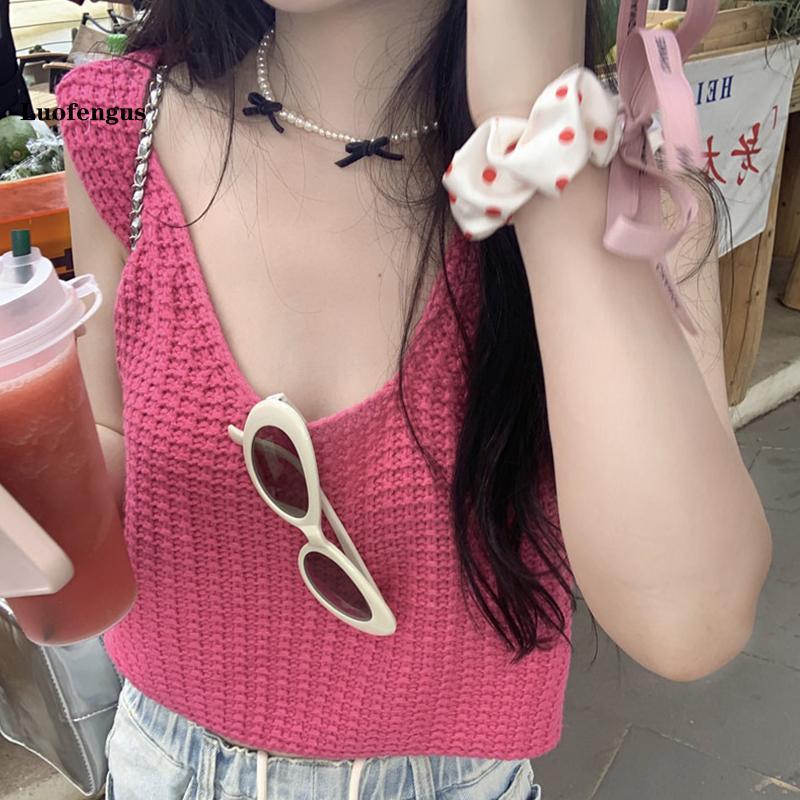 Women's Crochet Knit Tank Tops Casual Loose Fitting Round Neck Sleeveless Showing Navel Solid Color Shirt for Summer 6