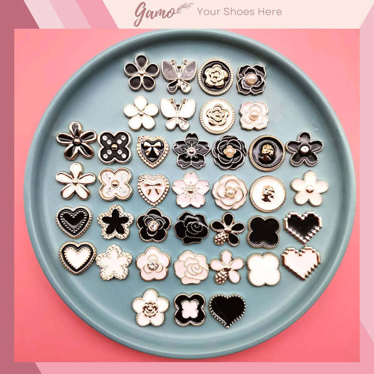 Sticker, Charm 3D chủ đề Bling trắng đen DIY Gamo gắn Dép Sục, Cá Sấu JB-106