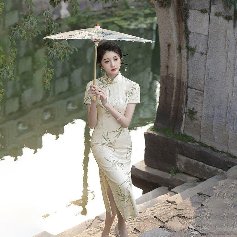 Sườn Xám Trung Quốc Mới, Phong Cách Nữ Mùa Hè Hàng Ngày, Loại Dài Sửa Đổi, Thanh Lịch Cao Cấp, Làm Bằng Satin, Thích Hợp Cho Người Trẻ, Phong Cách Quốc Gia, Hàng Mới Về Năm 2024 3