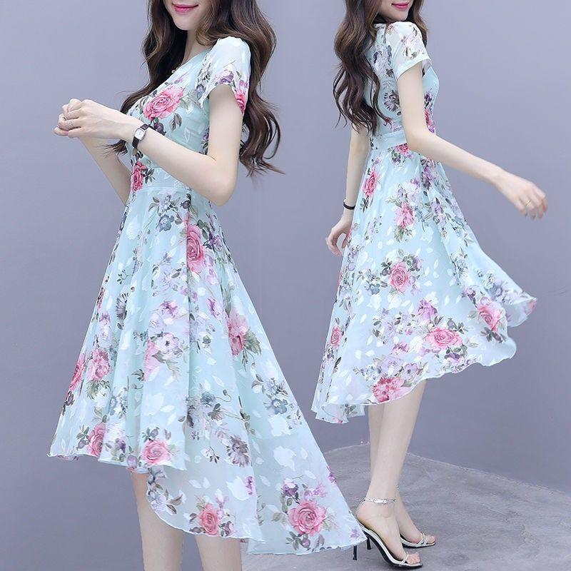 Váy In Hoa, ngắn Tay, Dành Cho Phụ Nữ, Phong Cách Thường Ngày Vừa Vặn Ôm Sát, Váy Lụa Lạnh Không Đối Xứng Cổ Tích Mùa Hè Mới 2024 1
