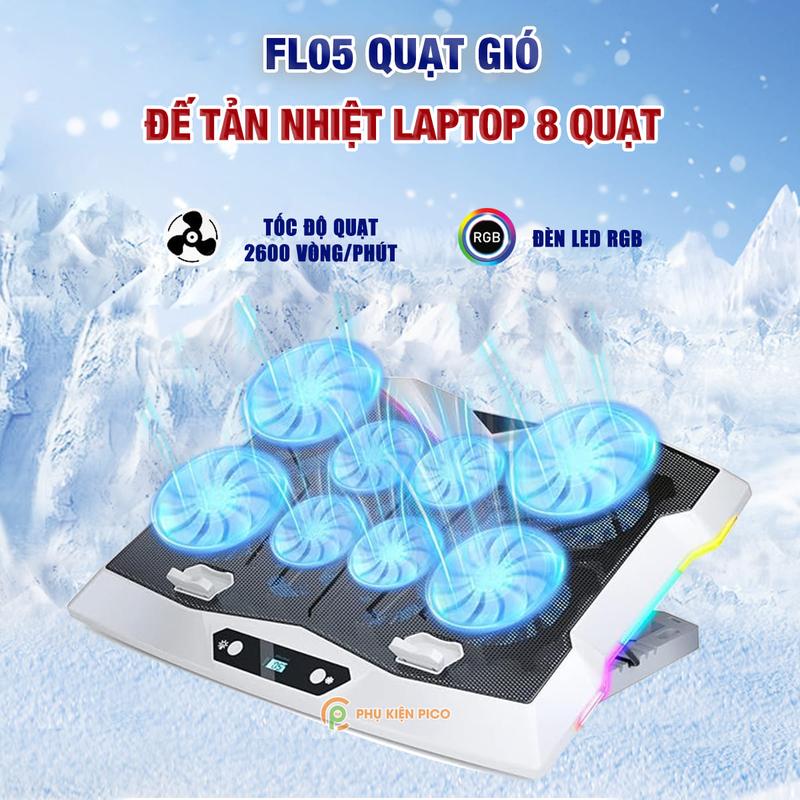 Đế tản nhiệt laptop gaming FL05 8 quạt giá đỡ laptop đèn led rgb chỉnh tốc độ gió làm mát nhanh chống ồn