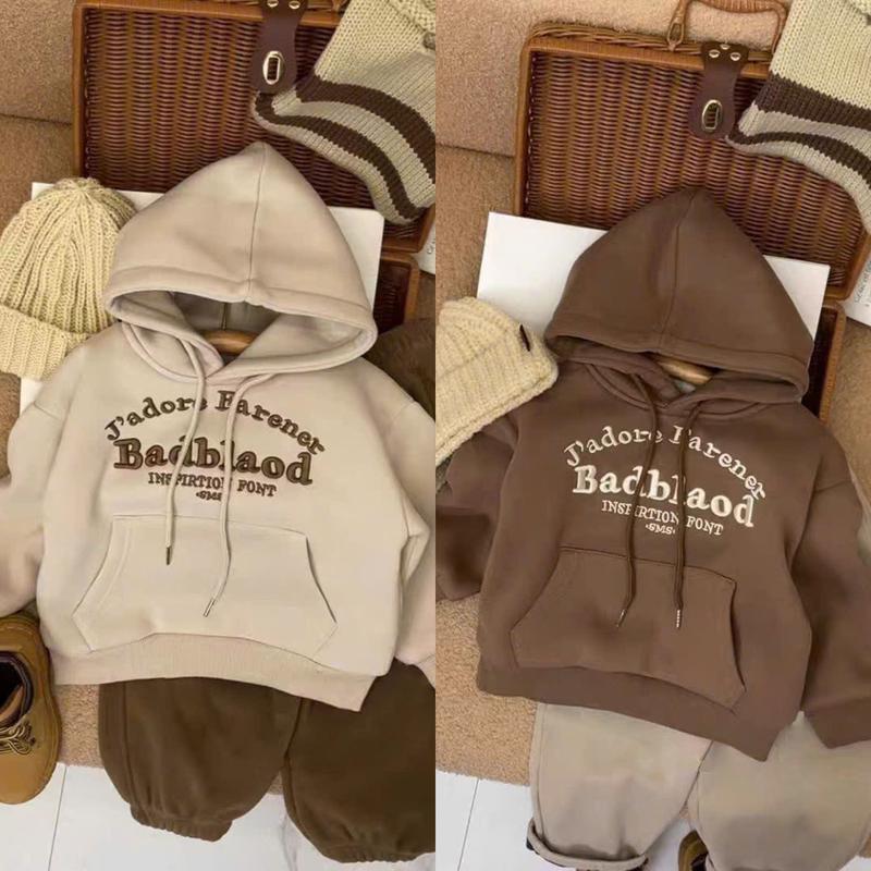 Set Bộ Hoodie chất liệu Nỉ có Túi và Mũ Vintage in chữ phong cách Hàn Quốc dành cho bé Trai và bé Gái thời tiết thu đông size 8-20Kg