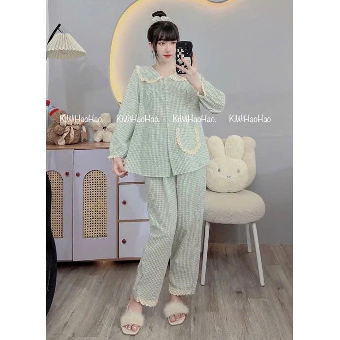 V07 - Bộ Bầu - Bộ Sau Sinh Dài Tay Đũi Xốp Mềm Mịn Cổ Sen Ren Viền 1 Túi - Áo Có Khoá Kéo Quân Có Chun Chỉnh - Freesize Dưới 72kg 5