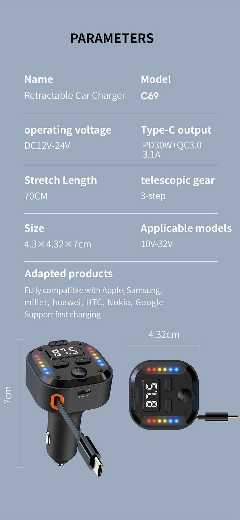 Product Introduction of Car Bluetooth mobile phone charger retractable car conversion super fast charging one to two flash charging storage charging cable 14