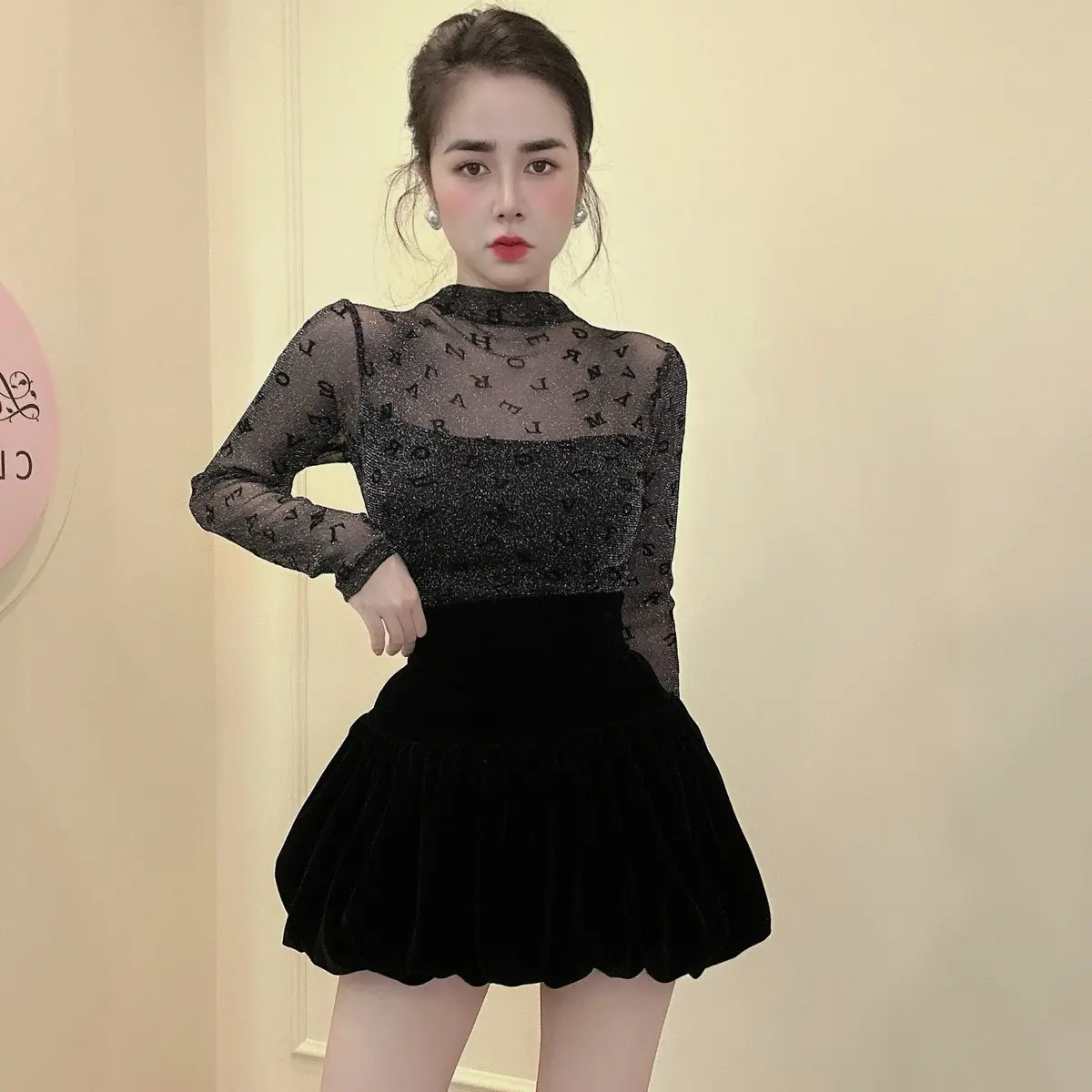 Chân Váy Nữ Nhung Phồng Có Lót Quần Cạp Co Giãn D11