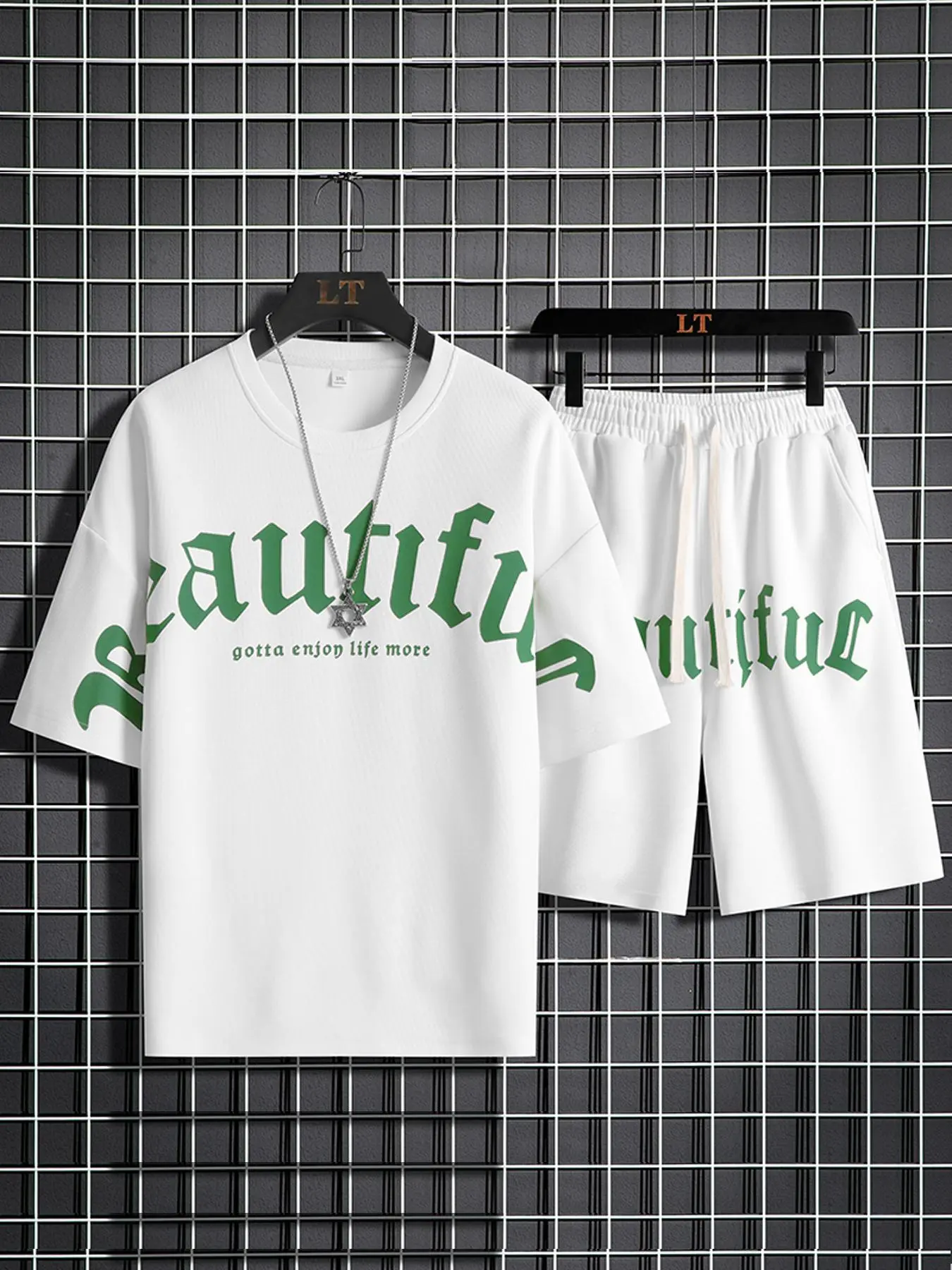 Two-Piece Set Men's Letter Print Tee & Drawstring Waist Shorts Set, Loose Casual Half Sleeve T-shirt & Pocket Shorts