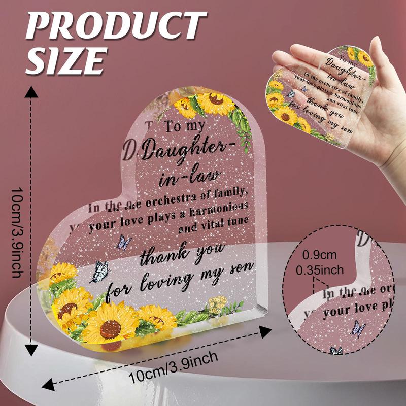 Product Introduction of Heart Shaped Acrylic Plaque, 1 Count Slogan Graphic Acrylic Ornament, Thank You Gift for Daughter-in-law 1