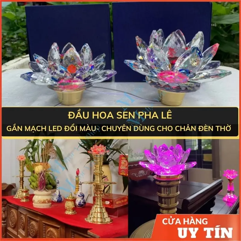 Hoa Sen Pha Lê Có LED Nhiều Chế Độ Sáng  Chuyên Để Trên Lư Đồng hoặc Chân Đèn Thờ Bằng Gỗ Hoặc Đồng 0