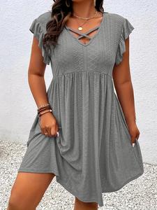 【Talla grande】 Vestido calado de color sólido, vestido casual para verano, ropa de talla grande para mujer para uso diario
