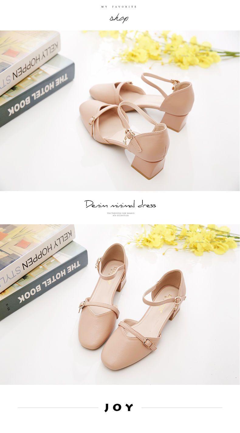 Product Introduction of Toe Box Shoes Women's High Heels Mid Heel Summer Chunky Heel Square Toe Hollowed Sandals Buckle All-Match Shallow Mouth Low Heel Shoes 15