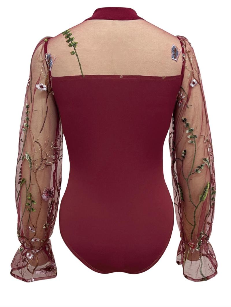 Product Introduction of Women's Floral Embroidery Sheer Contrast Mesh Flounce Sleeve Bodysuit, Elegant Mock Neck Long Sleeve Bodycon One Piece Bodysuit For Vacation Holiday, Ladies Spring & Fall Clothes 6