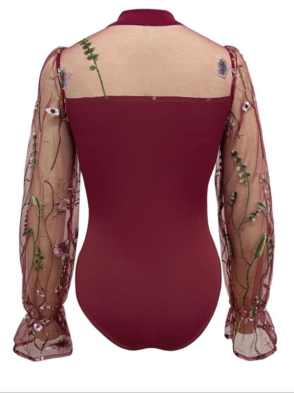 Women's Floral Embroidery Sheer Contrast Mesh Flounce Sleeve Bodysuit, Elegant Mock Neck Long Sleeve Bodycon One Piece Bodysuit For Vacation Holiday, Ladies Spring & Fall Clothes 5