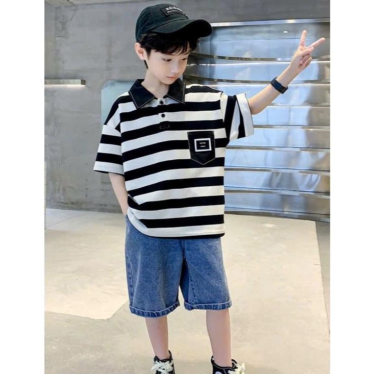 Áo polo hè cho bé trai 4-14 tuổi , áo cộc tay bé trai 14-45 kg ,áo có cổ  chất cotton mẫu KẺ BOTE phong cách dễ thương dịu dàng thấm hút mồ hôi . 2