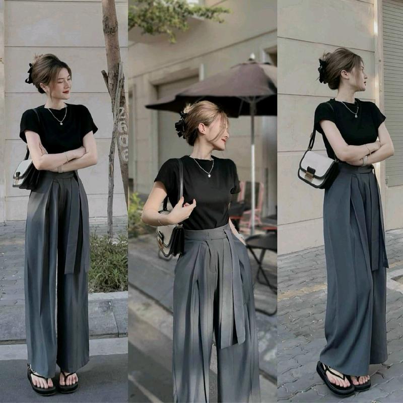 Sét bộ thời trang nữ sang chảnh mặc đi chơi áo tăm gân cổ tròn tay ngắn mix quần ống rộng siêu xinh qc Women Top 0