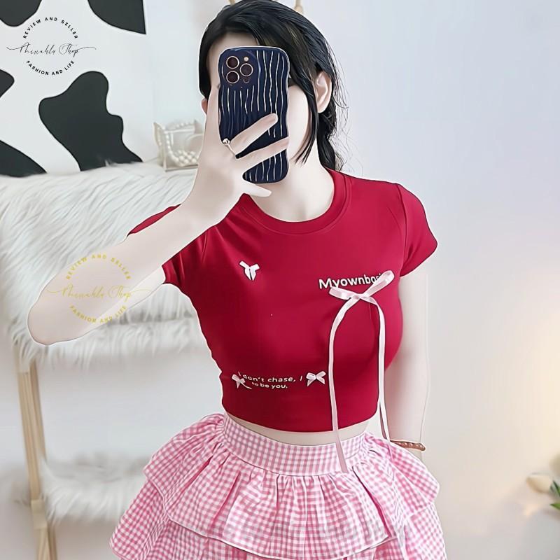 Product Introduction of Áo Croptop Borip Basic Ôm Body In Chữ "I Don't Chase" Đính Nơ Dài, MLS11, Women Thun Sen Sò Hoa Sen Trắng Kem Tre Cổ Tròn Dáng Ngắn 40
