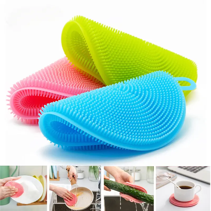 3Pcs Kitchen Cleaning Brush Silicone Dishwashing Brush Fruit Vegetable Cleaning Brushes Pot Pan Sponge Scouring Pads Table Mat