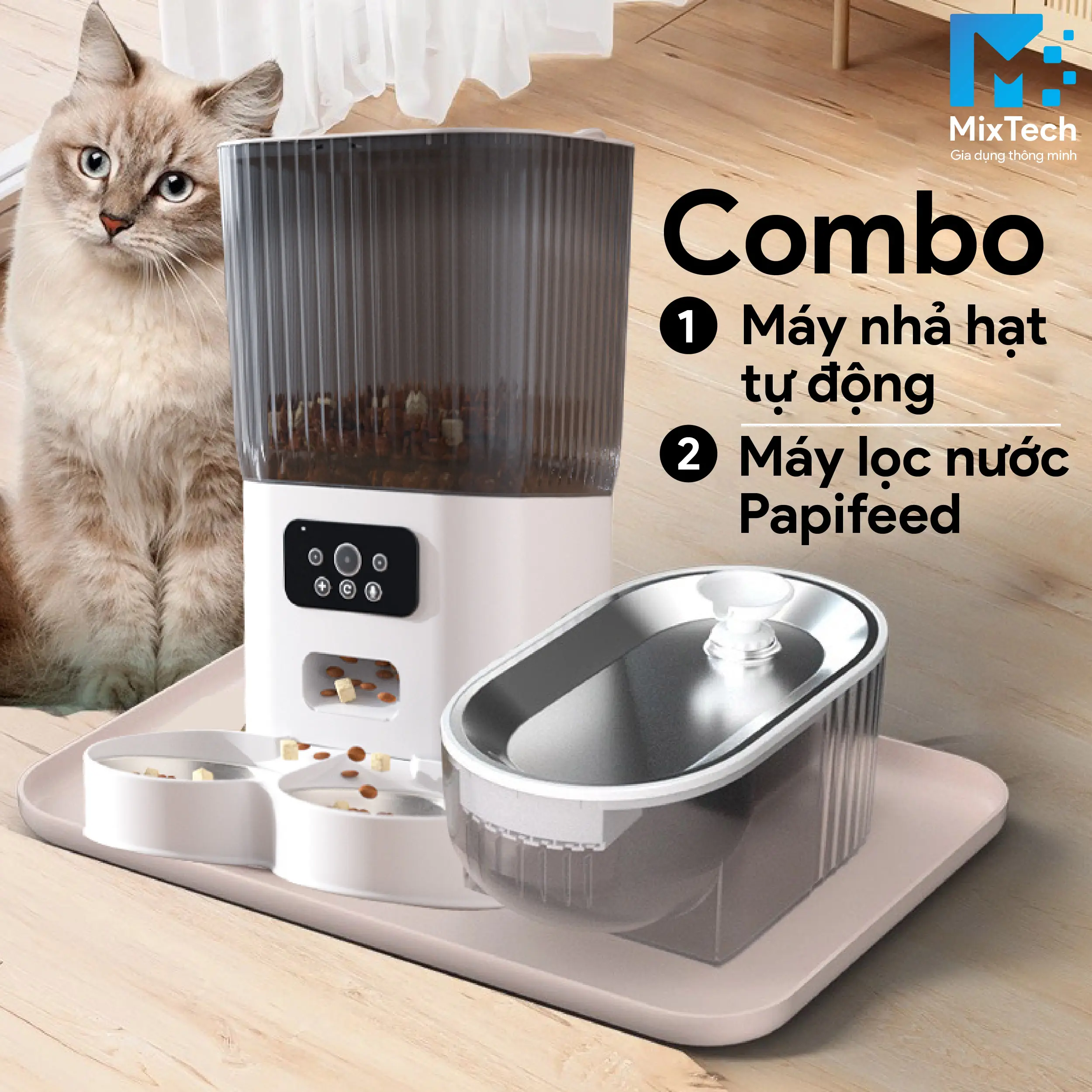Combo máy nhả hạt tự động có camera và máy lọc nước cho cho mèo